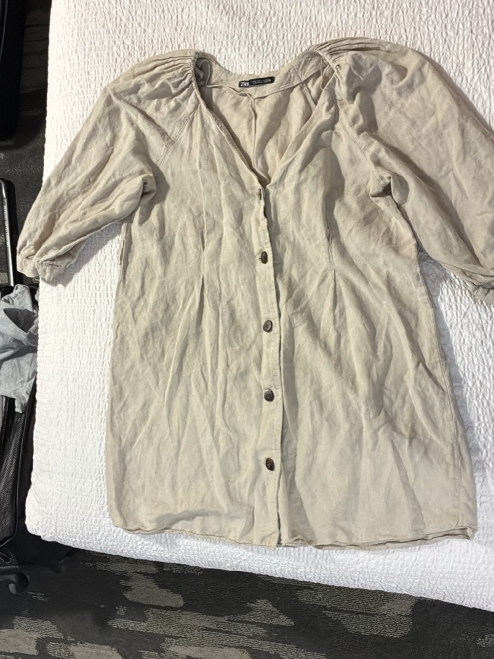 Zara Beige Button-Front Puff Sleeve Dress